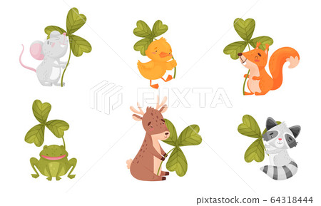 Cartoon Animals with Clover Leaf on Stalk Vector Set 64318444