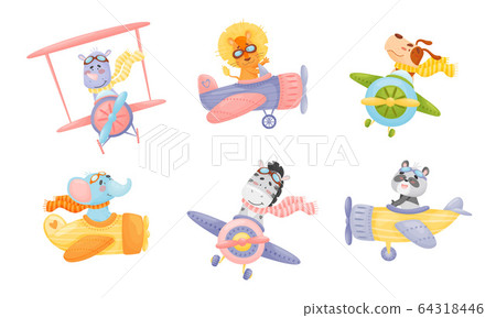 Cute Animals Wearing Aviator Goggles Flying an Airplane with Scarf Fluttering Behind Vector Set 64318446
