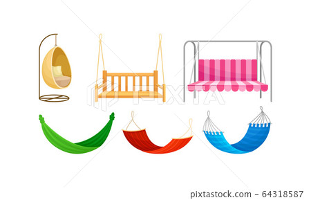 Bench Swings and Hammocks Hanging on Rope Vector Set 64318587