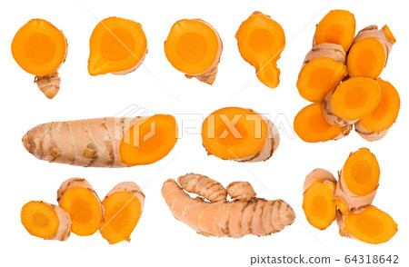 turmeric root and slices isolated on white background. Top view. Flat lay turmeric root and slices isolated on white background. Top view. Flat lay 64318642