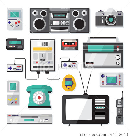 Cartoon Color Nineties Hipster Gadgets Icon Set. Vector Cartoon Color Nineties Hipster Gadgets Icon Set. Vector 64318643