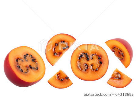 Fresh tamarillo fruit slices with leaves isolated on white background. Top view. Flat lay. Set or collection Fresh tamarillo fruit slices with leaves isolated on white background. Top view. Flat lay. Set or collection 64318692