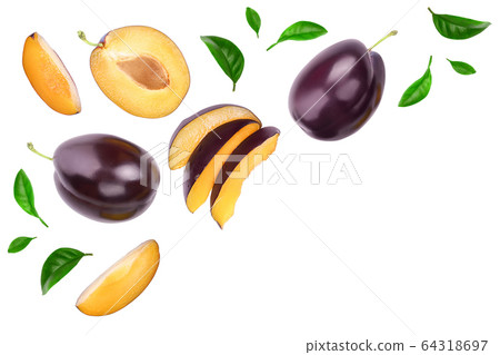 fresh purple plum and half isolated on white background with clipping path and copy spase for your text. Top view. Flat lay fresh purple plum and half isolated on white background with clipping path and copy spase for your text. Top view. Flat lay 64318697