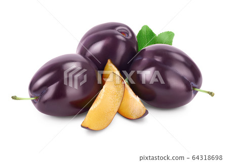 fresh purple plum and slices with leaves isolated on white background with clipping path and full depth of field fresh purple plum and slices with leaves isolated on white background with clipping path and full depth of field 64318698