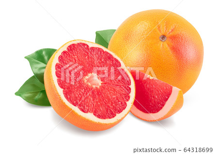 Grapefruit and slice with leaves isolated on white background. With clipping path and full depth of field 64318699