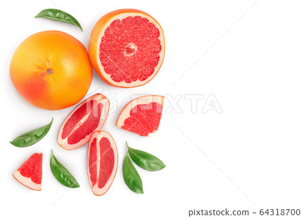 Grapefruit and slices isolated on white background. Top view with copy space for your text. Flat lay. With clipping path and full depth of field Grapefruit and slices isolated on white background. Top view with copy space for your text. Flat lay. With clipping path and full depth of field 64318700