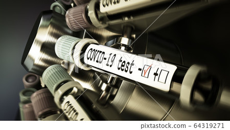Vials of blood in a centrifuge. Negative COVID-19 test and laboratory sample of blood testing for diagnosis new Corona virus infection novel corona virus disease 2019 from Wuhan. Pandemic infectious 64319271