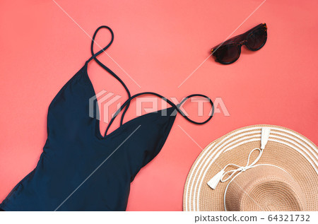 Swimming suit with sunglasses and hat Swimming suit with sunglasses and hat 64321732