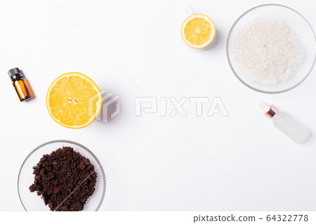 Top view on white table ingredients for making 64322778