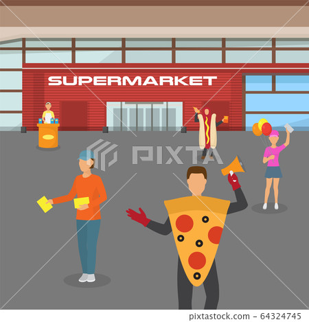 Supermarket mall, advertisement distribution flyer on market, flat vector illustration. People character male, female give ads pilot. 64324745