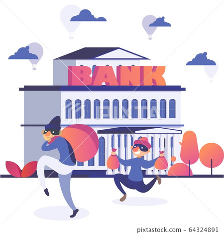 Robber character steal money from bank vector illustration, cartoon flat comic criminal thief commits attack, active bandit burglar running 64324891