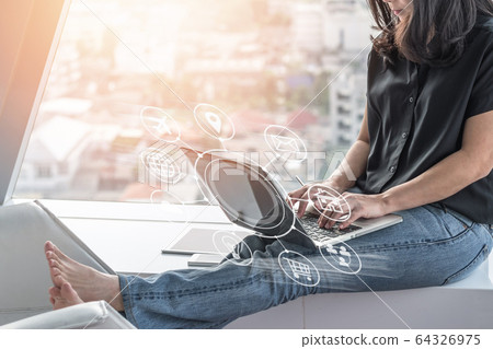 Working from home online via IOT internet of things technology using social media app in digital marketing network remote from office workplace by cyber telecommunication 64326975