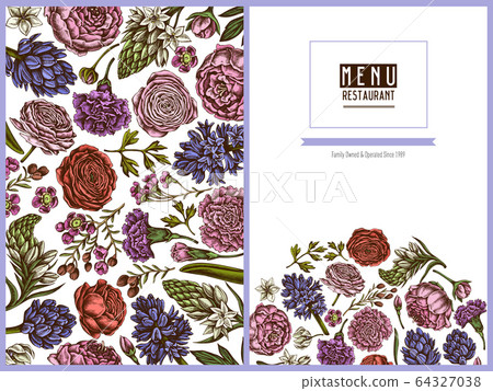 Menu cover floral design with colored peony, carnation, ranunculus, wax flower, ornithogalum, hyacinth Menu cover floral design with colored peony, carnation, ranunculus, wax flower, ornithogalum, hyacinth 64327038