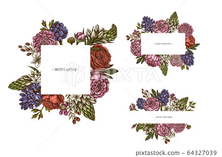Floral frames with colored peony, carnation, ranunculus, wax flower, ornithogalum, hyacinth 64327039