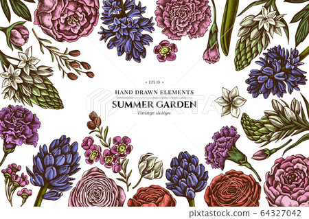 Floral design with colored peony, carnation, ranunculus, wax flower, ornithogalum, hyacinth Floral design with colored peony, carnation, ranunculus, wax flower, ornithogalum, hyacinth 64327042