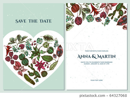 Wedding invitation card with colored ficus, iresine, kalanchoe, calathea, guzmania, cactus 64327068