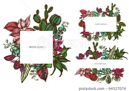 Floral frames with colored ficus, iresine, kalanchoe, calathea, guzmania, cactus Floral frames with colored ficus, iresine, kalanchoe, calathea, guzmania, cactus 64327074