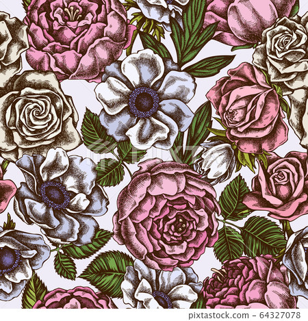 Seamless pattern with hand drawn colored roses, anemone, peony Seamless pattern with hand drawn colored roses, anemone, peony 64327078