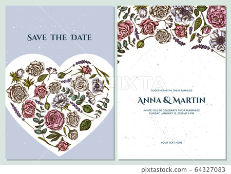 Wedding invitation card with colored roses, anemone, eucalyptus, lavender, peony, viburnum 64327083