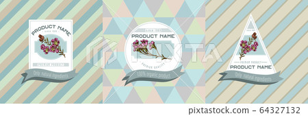 Three colored labels with illustration of wax flower 64327132