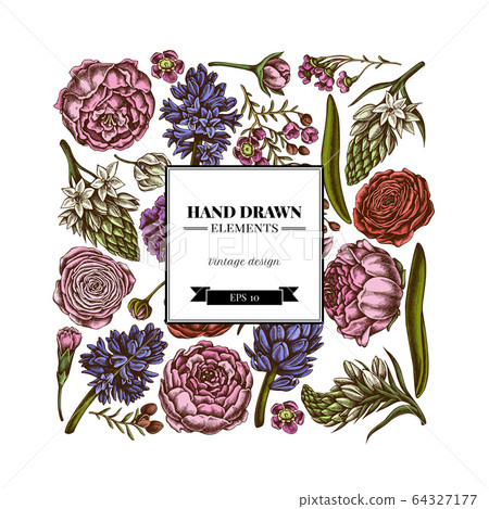 Square floral design with colored peony, carnation, ranunculus, wax flower, ornithogalum, hyacinth 64327177