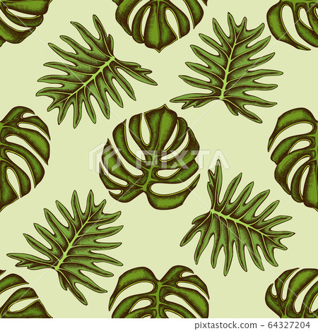 Seamless pattern with hand drawn colored monstera Seamless pattern with hand drawn colored monstera 64327204