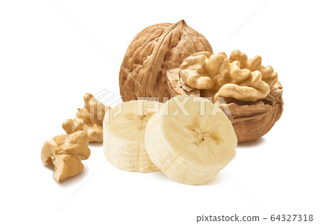 Walnut nuts and banana pieces isolated on white 64327318