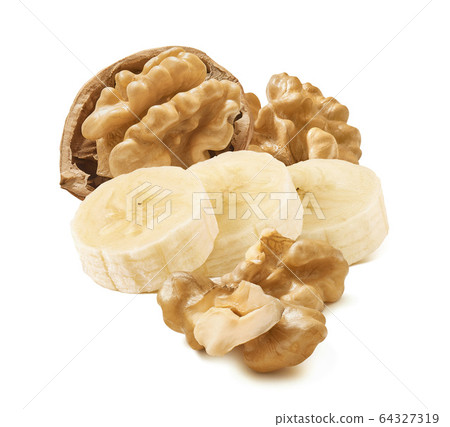 Walnuts and bananas isolated on white background 64327319