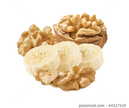 Walnuts and banana slices isolated on white 64327320