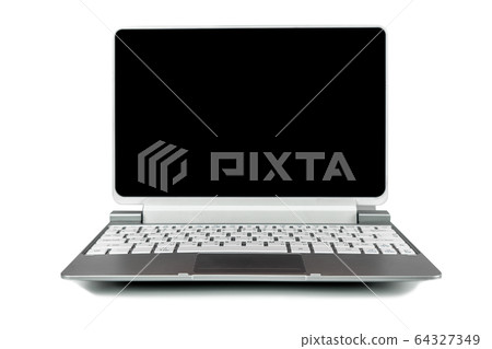 Laptop with black screen on isolated white. Laptop with black screen on isolated white. 64327349