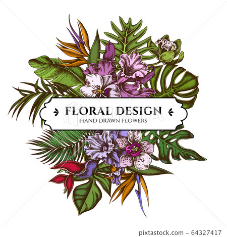 Floral bouquet design with colored monstera, banana palm leaves, strelitzia, heliconia, tropical palm leaves, orchid 64327417