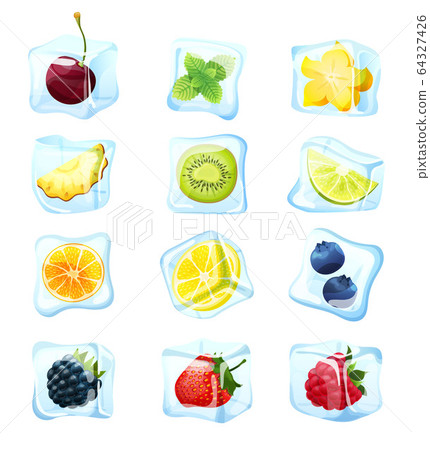 Fruit ice cube set isolated on white, frozen berry for exotic summer cocktail, vector illustration Fruit ice cube set isolated on white, frozen berry for exotic summer cocktail, vector illustration 64327426
