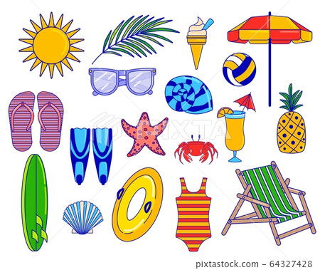 Summer vacation objects in flat style, set of icons isolated on white, vector illustration Summer vacation objects in flat style, set of icons isolated on white, vector illustration 64327428