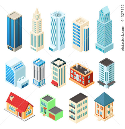 Isometric buildings set isolated on white,... - Stock Illustration ...