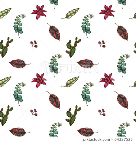 Seamless pattern with hand drawn colored ficus, iresine, kalanchoe, calathea, guzmania, cactus Seamless pattern with hand drawn colored ficus, iresine, kalanchoe, calathea, guzmania, cactus 64327525