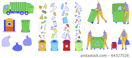 Garbage collection service, sorting trash icons, people flat cartoon characters, vector illustration Garbage collection service, sorting trash icons, people flat cartoon characters, vector illustration 64327526