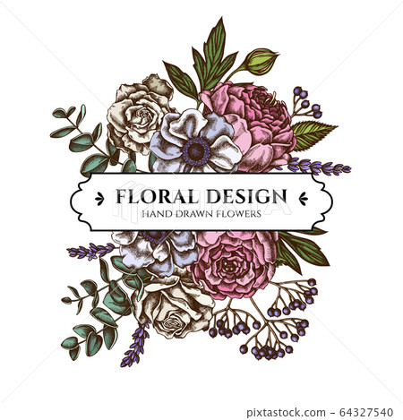 Floral bouquet design with colored roses, anemone, eucalyptus, lavender, peony, viburnum Floral bouquet design with colored roses, anemone, eucalyptus, lavender, peony, viburnum 64327540