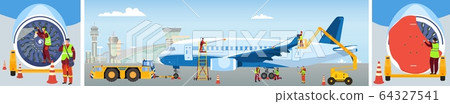 Aircraft maintenance, people clean plane at airport, professional technician team work, vector illustration Aircraft maintenance, people clean plane at airport, professional technician team work, vector illustration 64327541