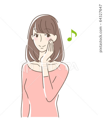 A woman who smiles and touches her cheek 64327647