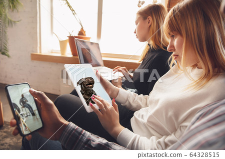Young friends, women using gadgets to watch cinema, photos, online courses, taking selfie or vlog Young friends, women using gadgets to watch cinema, photos, online courses, taking selfie or vlog 64328515