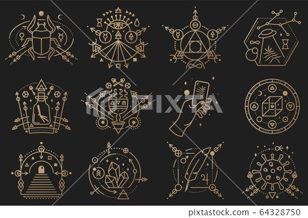 Esoteric symbols. Vector Thin line geometric badge Outline icon for alchemy, tarot cards, sacred geometry. Mystic, magic design with scarab beetlee, coronavirus, cube, ufo flying, stars, skull, moon. Esoteric symbols. Vector Thin line geometric badge Outline icon for alchemy, tarot cards, sacred geometry. Mystic, magic design with scarab beetlee, coronavirus, cube, ufo flying, stars, skull, moon. 64328750