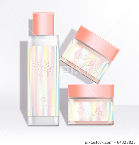 Vector Healthcare / Skincare / Beauty Bottle & Jar Packaging with Holographic Label Vector Healthcare / Skincare / Beauty Bottle & Jar Packaging with Holographic Label 64328823