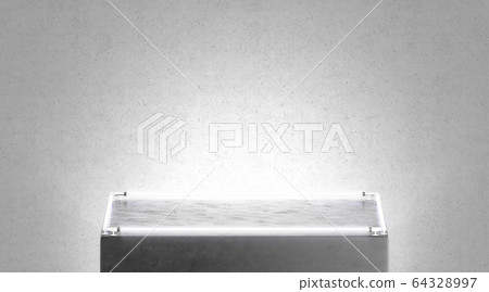 Blank black square glowing pedestal mockup stand near white wall 64328997