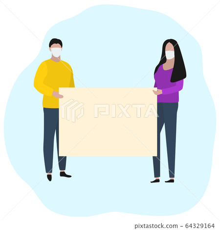 Man and a woman with a large advertising banner in medical masks. Fashion trendy illustration, flat design. Pandemic and epidemic of coronavirus in the world 64329164