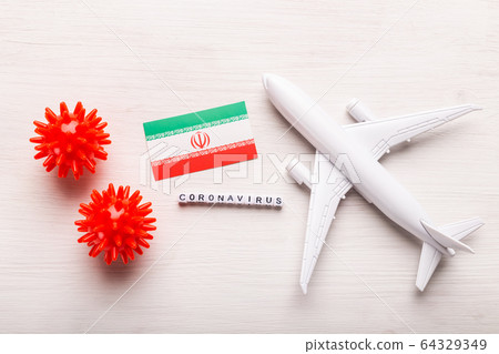 Flight ban and closed borders for tourists and travelers with coronavirus covid-19. Airplane and flag of Iran on a white background. Coronavirus pandemic. 64329349