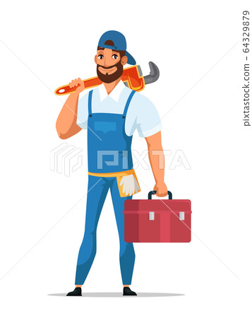 Man plumber with wrench and tools box isolated Man plumber with wrench and tools box isolated 64329879