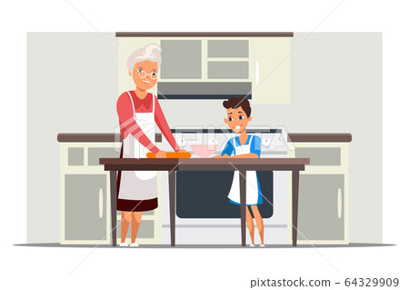 Happy grandma and granddaughter cooking in kitchen 64329909