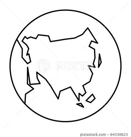 Simplified outline Earth globe with map of World focused on Asia. Vector illustration 64330623