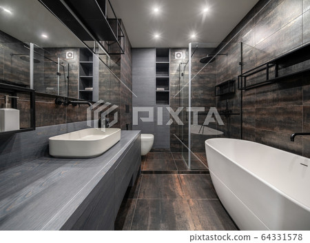 Interior of luminous modern bathroom with bronze walls 64331578