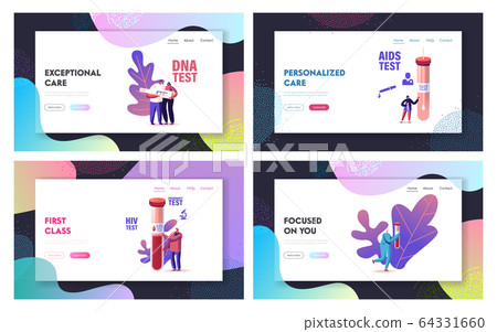 Express Blood Test Landing Page Template Set. Tiny Male and Female Characters at Huge Glass Flasks. People Giving Lifeblood for Detection of Pregnancy and Diseases. Cartoon Vector Illustration 64331660